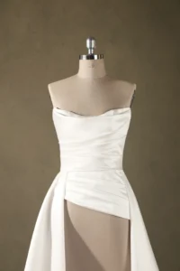 A strapless bridal gown with elegant pleats shown on a mannequin with a neutral background, suitable for wedding boutiques.