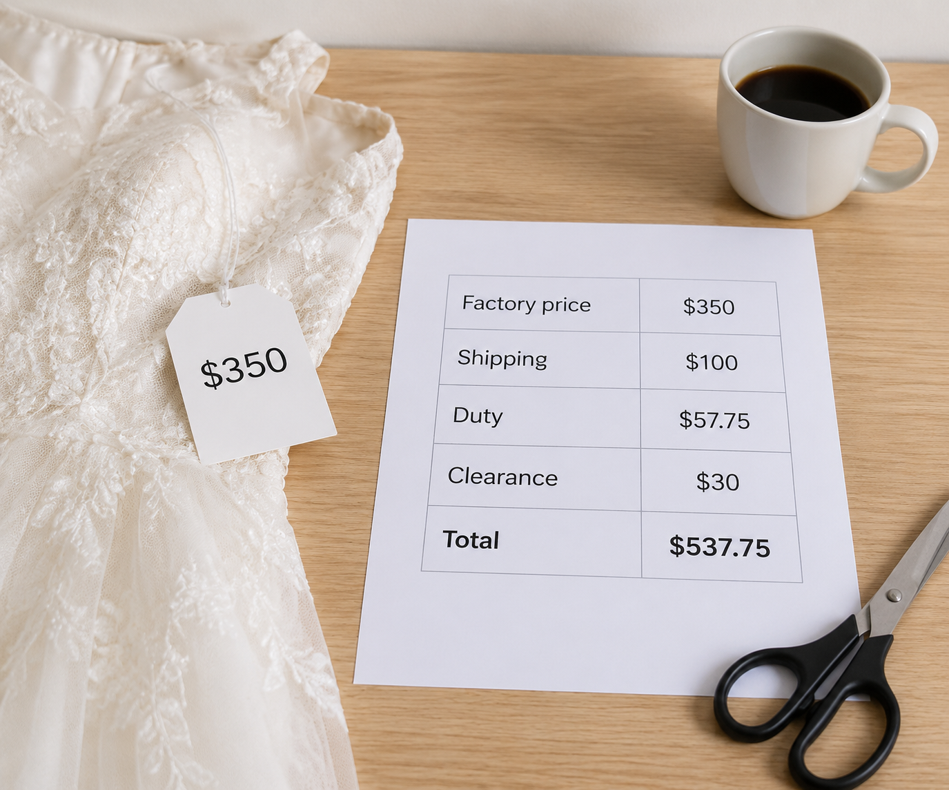 wedding dress landed cost example